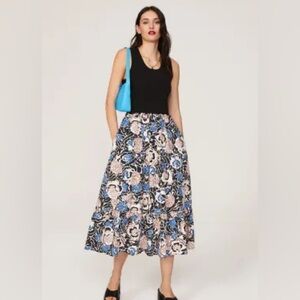 Tanya Taylor Black Top with Blue Floral Midi Dress